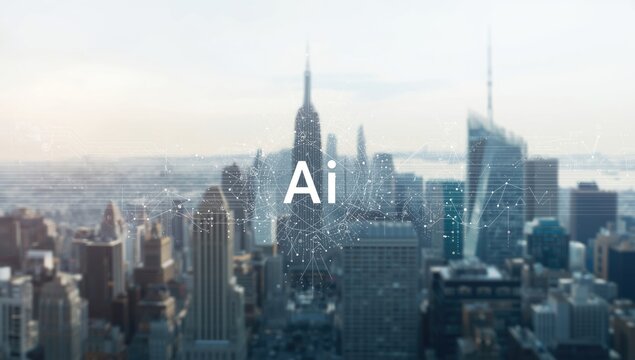 Artificial intelligence interface superimposed on a blurry cityscape, highlighting smart city technology applications - Powered by Adobe