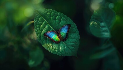 Overhead shot of a butterfly perched on a leaf, highlighting fragile wings and plant details, ideal for editorial nature headers