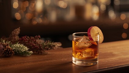 Classic apple-flavored old fashioned in a glass, autumn-inspired drink, Fall holiday