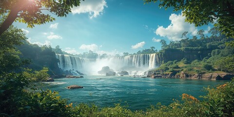Summer at Iguassu Falls showcasing vibrant water flow and forest surroundings, nature tourism spot