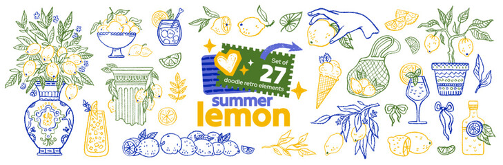 Lemon limoncello cocktail. Mediterranean Italian summer watercolor sketch. Amalfi or Sicily coast hand drawn illustration. Lemon and limoncello drink glass. Wine doodle Italy beach bg. Fruit tree vase