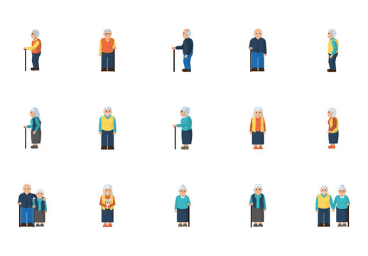 Colorful Flat Elderly Senior Grandparents People Characters Icons Set