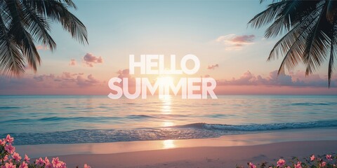 Summer sunset scene with text overlay, summer season promotion