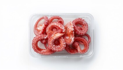 Whole frozen octopus sealed in plastic, illustrating packaging for seafood storage, white backdrop