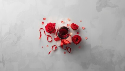 Valentine's Day card scene with gray backdrop, red wine, roses, and present, intended for editorial header background