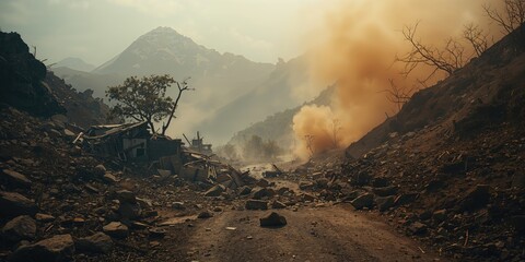 Region affected by a landslide and earthquake, natural disaster response