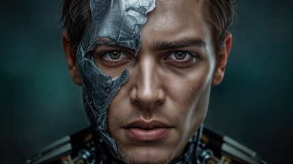 Close-up of a human-machine hybrid with metallic parts and human features, showcasing advanced technology and emotions