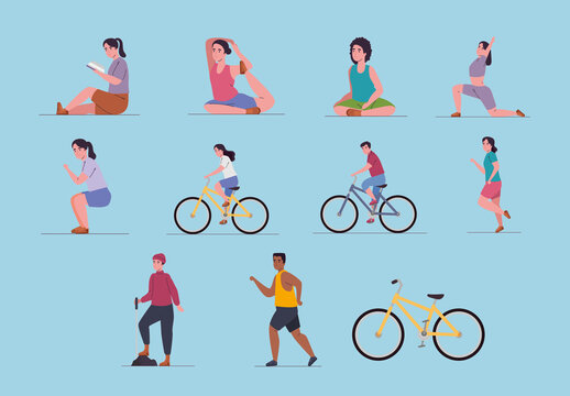 Colorful Outdoor Activities Workout Illustrations Set