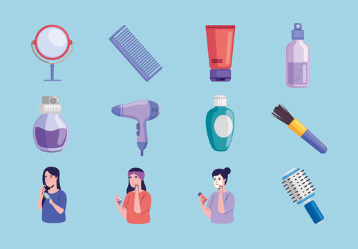 Colorful Skincare Haircare Beauty Hygiene Illustrations Set