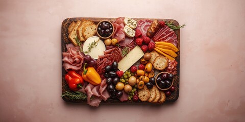 Meat and cheese platter arranged with olives peppers berries and other accompaniments for social gathering