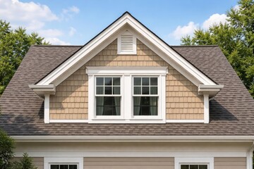 Home gable with double hung white windows and tan shake siding beneath a Dutch roof attic in a suburban environment