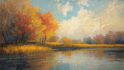 Semi-abstract forest scene with golden and red leaves surrounding a lake, illustrating seasonal transition, Earth Day