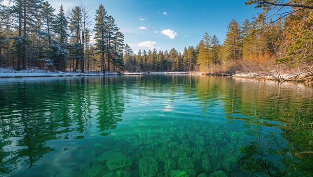 Freshwater spring with reflective surface and lush vegetation, suitable for nature preservation efforts, Earth Day