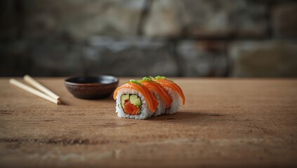 Large sushi roll containing salmon, avocado, and nori used as editorial header background