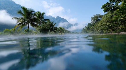 Obraz premium Tropical paradise: lush jungle and misty mountains reflected in crystal-clear water