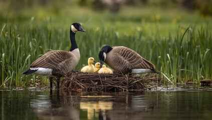 Chick goslings emerging on beaver lodge in natural landscape, highlighting early development and habitat preservation, Earth Day