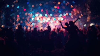 Blurred figures and color spots in a folk festival scene, highlighting dynamic motion and vibrancy