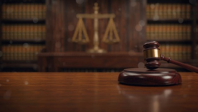 Courtroom scene with judge's gavel and law books, highlighting judicial decision-making and legal procedures, justice system awareness day - Powered by Adobe