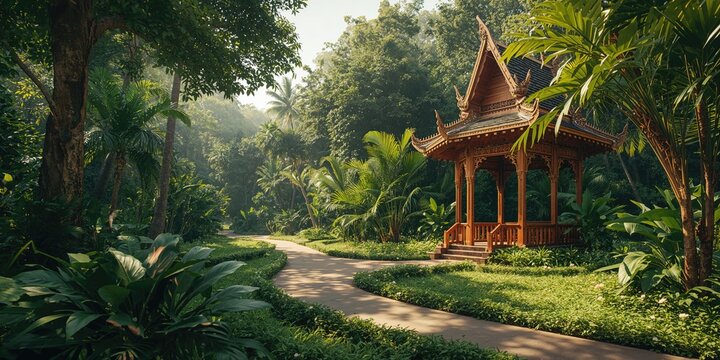 Tropical garden layout with trees, leaves, and wooden elements in Nong Nooch park during summer, emphasizing nature preservation