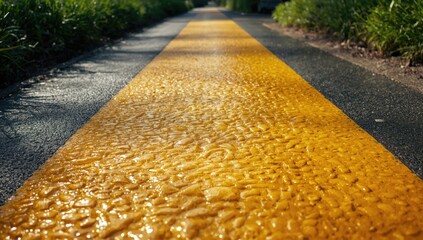 Vivid yellow crosswalk on damp pavement enhances city street aesthetics during summer