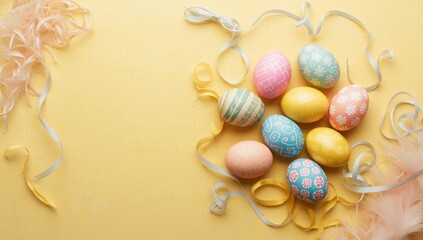 Easter eggs with vibrant colors on a yellow background, used as seasonal celebration elements