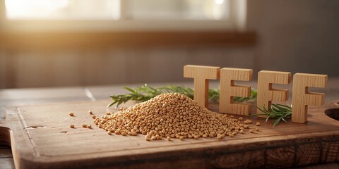 Close-up of Teff spelled out in wooden letters, highlighting ancient gluten-free grain for nutritious diets