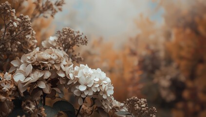 Dry hydrangea blooms during fall with colorful background, highlighting plant aging