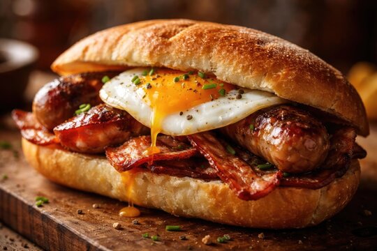 Grilled sausage and bacon with egg served in a fresh breakfast roll