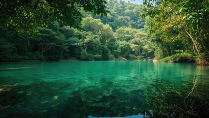 Obraz premium Tropical rainforest scene featuring water, trees, and aquatic life, ideal for nature-themed UI backgrounds
