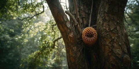 Wasp colony in wooded area, emphasizing insect activity and forest hygiene