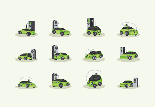 Green And Black Electric Charging Cars Vehicles Eco Friendly Illustrations Set