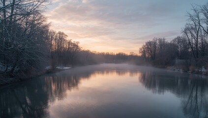 Fototapeta premium A calm river scene with overcast sky and gentle reflections, framed by trees, ideal for environmental conservation focus