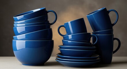Blue ceramic dishes neatly stacked