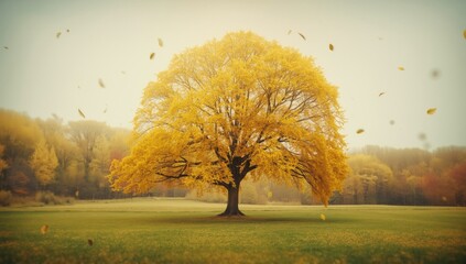 Yellow autumn leaves covering the ground, autumn season display