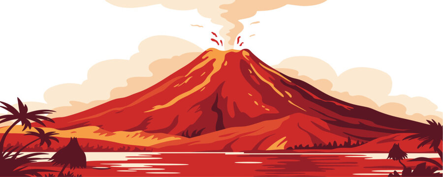 Colorful digital illustration of erupting volcano at night with glowing lava, tropical palm trees, dramatic sky, fantasy landscape scene