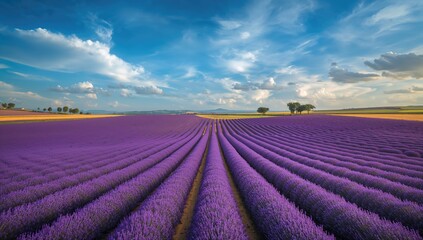 Bird's-eye view of a lavender plantation with organized rows, suitable for landscape photography backgrounds