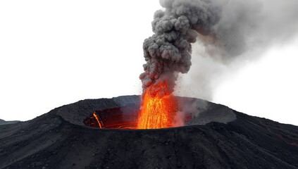 Volcano crater releasing flowing lava against a white background, highlighting volcanic eruption