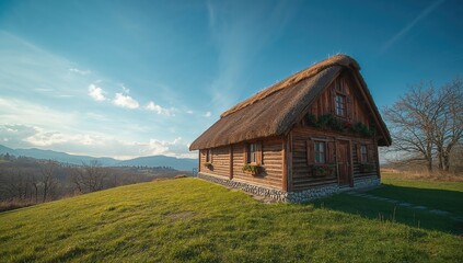 Charming rural cottage featuring a thatched roof, adorned with festive greenery and berries, holiday decoration, winter celebration