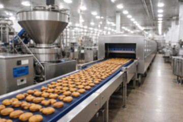 Blurred bakery production line with conveyor mixer and cooling system in modern food factory background