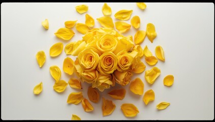 White background featuring isolated yellow roses and petals, suitable for greeting card layouts