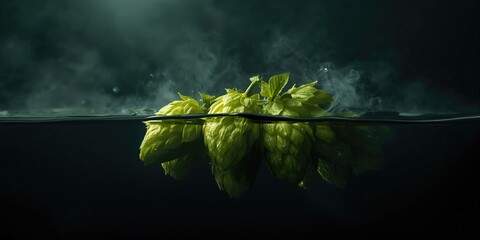 Fresh hop cones soaking in water for beer production, highlighting raw ingredients in brewing process