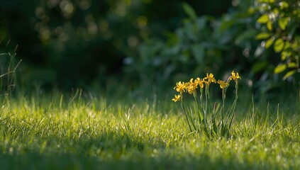 Close-up of yellow iris flowers among grass, highlighting early spring flowering