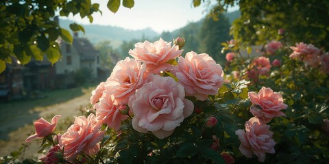 Roses in full bloom within a rural setting, highlighting natural landscape beauty