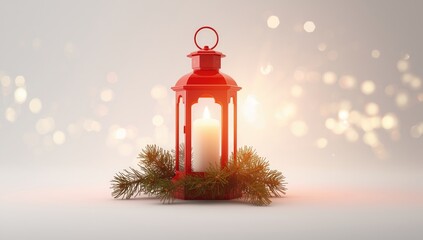 Holiday lantern featuring a white candle and pine branches, festive decor for Christmas celebrations
