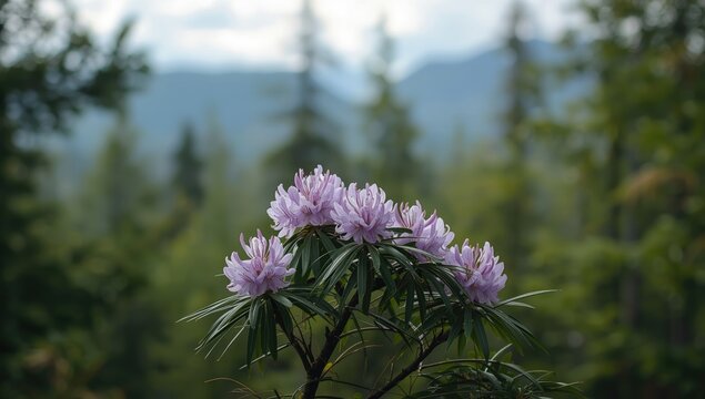 Springtime Rhododendron dauricum in a mountain forest landscape highlighting natural floral growth