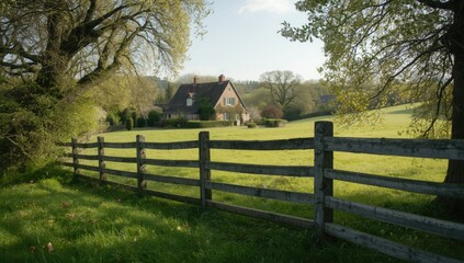 Rustic wooden fence enclosing a traditional village home in a rural setting, suitable for heritage preservation