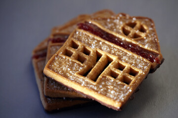 Sweet house-shaped cookies decorated with sugar and red fruit jam. Close-up shot with shallow depth of field highlights the rich texture and details of these treats.