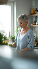 Mature woman making healthy green smoothie in bright kitchen