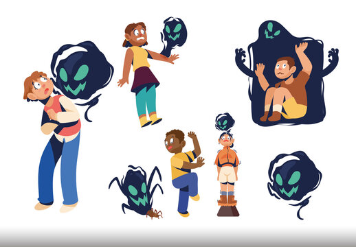 Multicolor Scared Fear Children Monster Phobia Illustrations Set