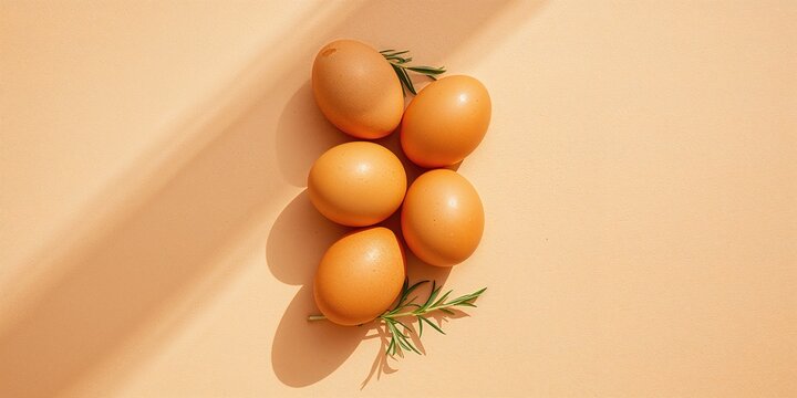 Eggs placed on a plain beige backdrop, intended for layout and editorial purposes in culinary visuals